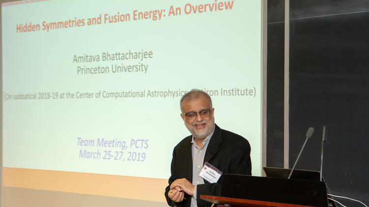 Amitava Bhattacharjee speaking at the 2019 Hidden Symmetries Team Meeting
